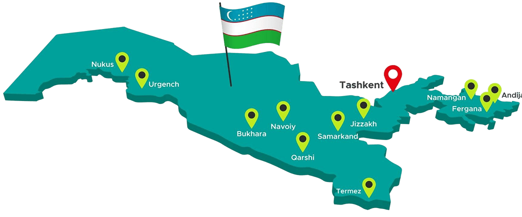 O‘zbekiston xaritasi shaharlar belgilangan holda (Toshkent, Samarqand, Buxoro), bu yerda amoCRMning 5+ yillik tajribaga ega va 1000+ muvaffaqiyatli joriy etishga erishgan №1 integratori ish olib boradi.